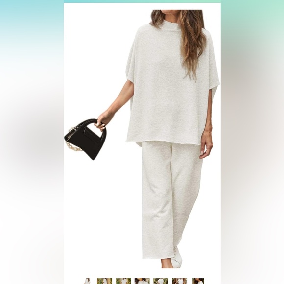 Two Piece Batwing Short Sleeve Mock Neck Pullover Top Wide Leg Pants Lounge Set - Picture 4 of 6